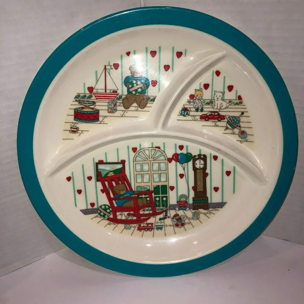 Teddy Bear 10” Plate 3 Compartment Round Melamine Vintage Taiwan